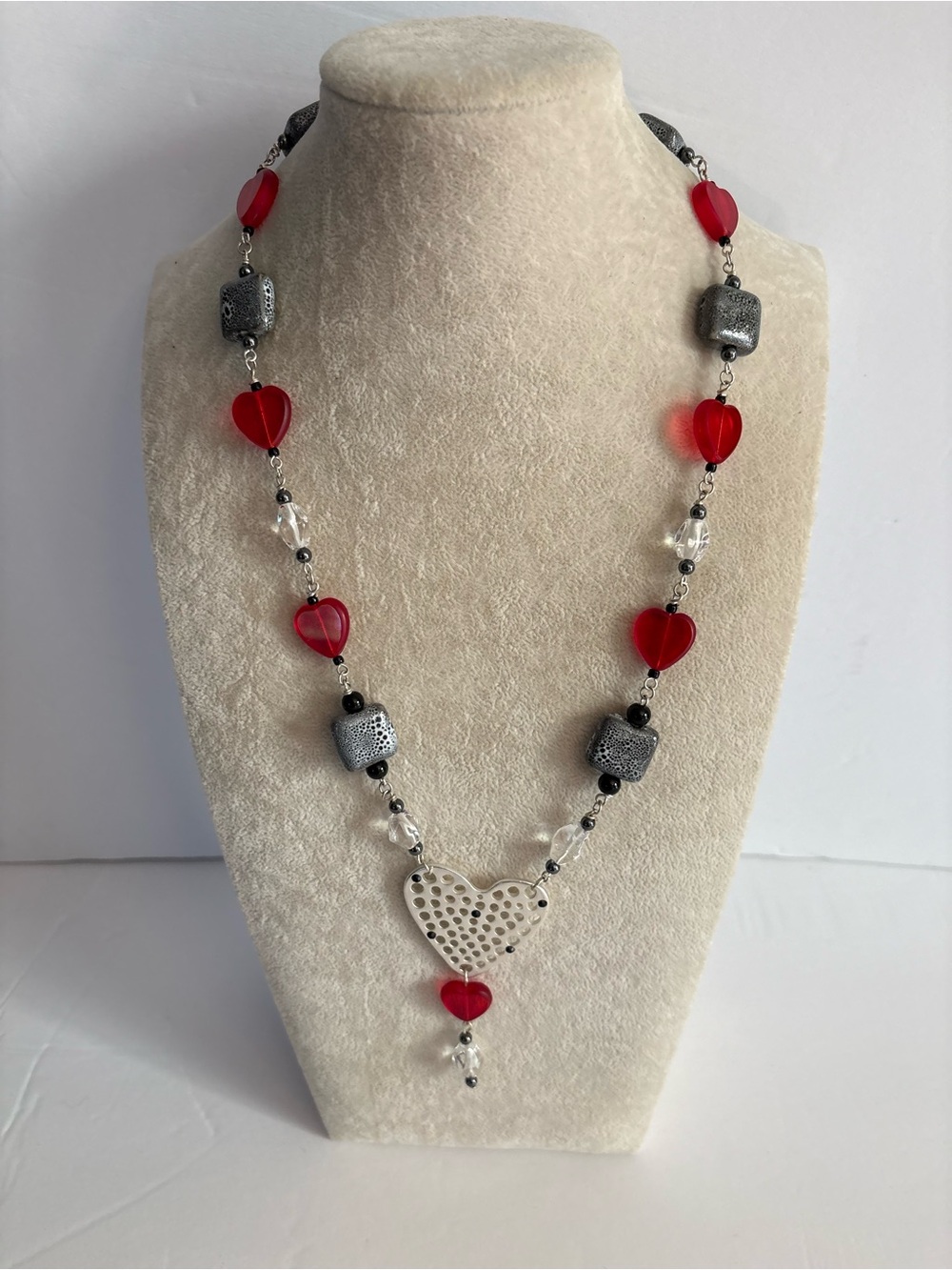 Red Heart Statement Necklace Glass Hearts Silver Tone Romantic Necklace